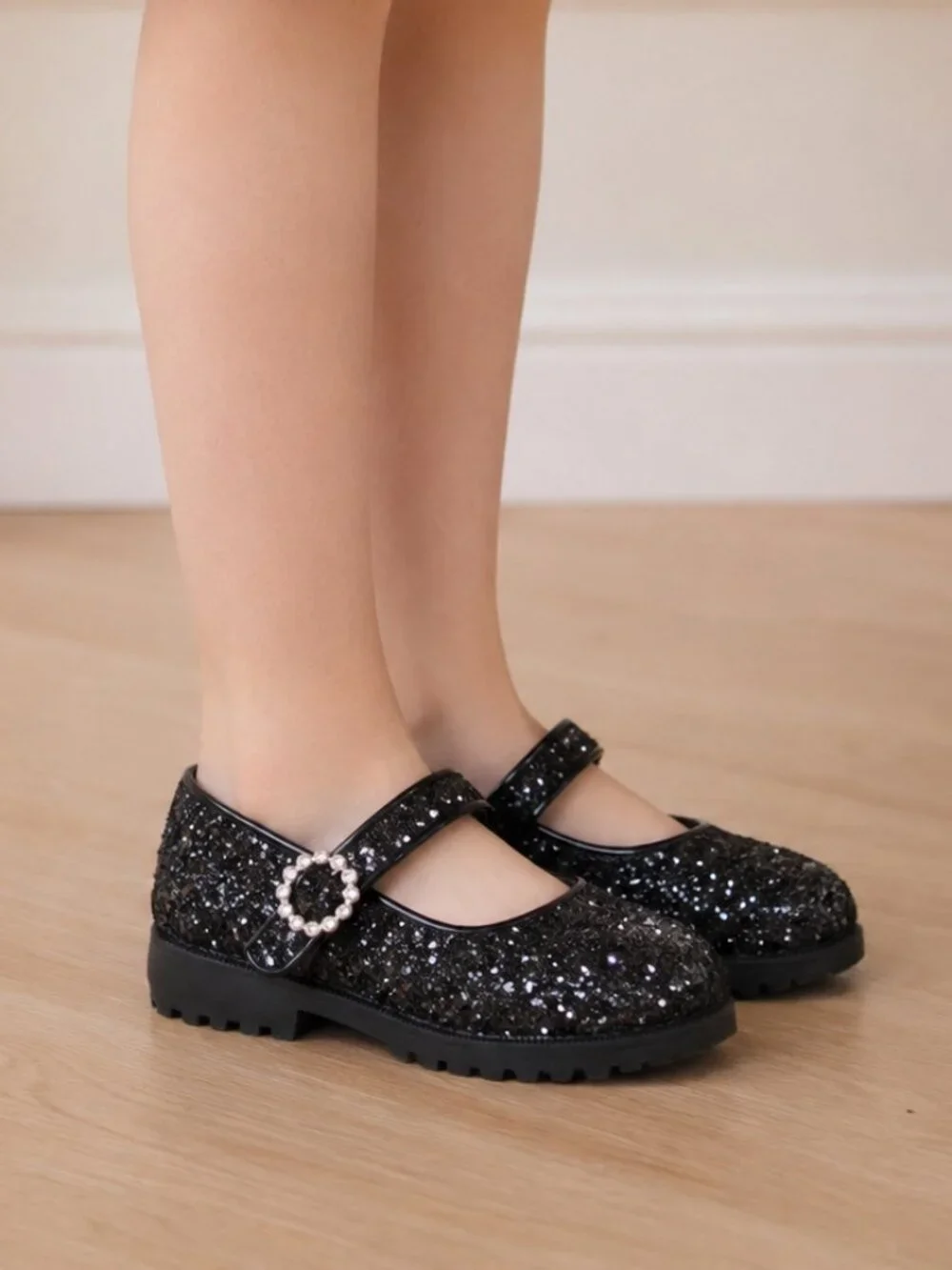 A Lil Dream Girls Black Glitter Mary Jane Flats Size 9 Hook & Loop Shoes